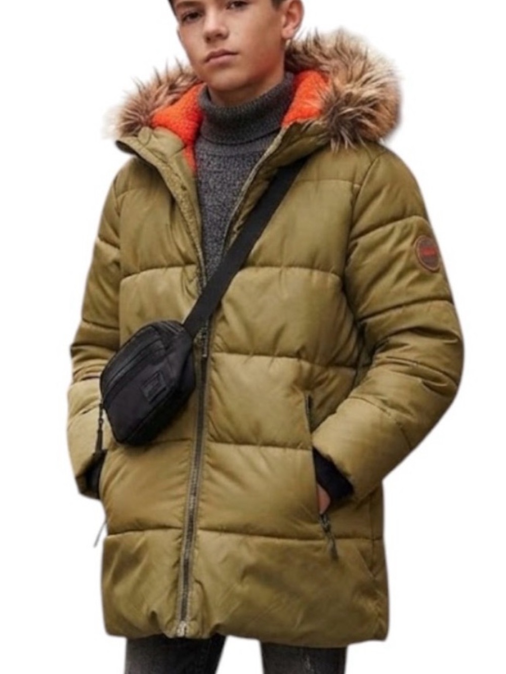 Cozy Sage Green Faux Fur Hood Puffer Jacket Coat Kids 13-14Y Fits Women XS Zara